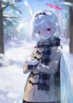  1girl absurdres alternate_costume bare_tree black_hairband blue_archive blue_scarf blurry blurry_background blush brown_jacket closed_mouth day enpera grey_eyes hair_over_one_eye hairband halo highres holding holding_snowball jacket long_hair looking_at_viewer outdoors plaid_clothes plaid_scarf plana_(blue_archive) red_halo red_pupils scarf sidelocks smile snacks00 snow snowball snowing solo tree upper_body white_hair 