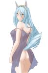  1girl animal_ears archived_source ass azura_(fire_emblem) back bare_shoulders blush breasts closed_mouth curvy dress eyebrows_visible_through_hair facing_back fire_emblem fire_emblem_fates fire_emblem_heroes hair_between_eyes headband highres light_blue_hair lingerie long_hair looking_at_viewer looking_back medium_breasts nightgown see-through smile solo tail thighs transparent_background tridisart underwear very_long_hair wide_hips yellow_eyes 