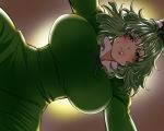  1girl all_fours blush breasts commentary_request dokutaa_hakase dress eyebrows_visible_through_hair from_below green_dress green_eyes green_hair hanging_breasts hat highres indoors large_breasts light looking_at_viewer medium_hair pov smile soga_no_tojiko solo sweatdrop tate_eboshi touhou wavy_hair 