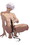  1boy blue_eyes blush body_horror collarbone commentary_request completely_nude gimmeyourmoni gojou_satoru highres jujutsu_kaisen male_focus nipples nude short_hair simple_background solo squatting sweat thighs white_background white_hair 