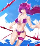  1girl absurdres ass_visible_through_thighs bangs bare_shoulders bikini breasts cleavage fate/grand_order fate_(series) flower gae_bolg hair_flower hair_ornament highres long_hair mithurugi-sugar navel purple_bikini purple_eyes purple_hair scathach_(fate)_(all) scathach_(swimsuit_assassin)_(fate) solo swimsuit thigh_strap 