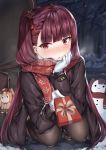  1girl absurdres alternate_costume bangs black_coat black_legwear blush coat coffeedog gift girls_frontline gloves hair_ribbon highres huge_filesize kalina_(girls_frontline) long_hair long_sleeves miniskirt one_side_up pantyhose plaid plaid_skirt print_scarf purple_hair red_eyes red_neckwear red_ribbon red_scarf ribbon scarf skirt snow snowman solo wa2000_(girls_frontline) weapon_bag white_gloves 