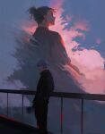  2boys against_railing black_hair black_jacket black_pants closed_eyes cloud cloudy_sky cow fireraccoon getou_suguru gojou_satoru grey_hair hair_bun hand_in_pocket highres jacket jujutsu_kaisen jujutsu_tech_uniform male_focus multiple_boys pants plug_(piercing) railing short_hair sky 