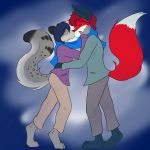  1:1 2020 4_toes anthro barefoot biped black_body black_fur black_nose blue_hair blue_scarf blush canid canine canis clothed clothing countershade_face countershading digital_media_(artwork) dipstick_tail duo felid fluffy fluffy_tail fox fur green_jacket grey_body grey_fur hair hi_res humanoid kissing love male male/male mammal multicolored_body multicolored_fur multicolored_tail pantherine paws pose purple_jacket red_body red_fox red_fur red_hair romantic_ambiance scarf simple_background snow_leopard spots standing toes white_body white_fur wolfie-pawz 