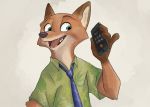  2019 anthro brown_body brown_fur canid canine cellphone clothed clothing disney fox fur holding_cellphone holding_object holding_phone mammal necktie nick_wilde open_mouth open_smile phone piberius_w red_fox shirt smile solo topwear zootopia 