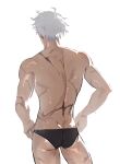 1boy absurdres ass back black_male_swimwear cowboy_shot from_behind gimmeyourmoni gojou_satoru highres jujutsu_kaisen male_focus male_swimwear multiple_scars scar scar_on_arm scar_on_back scar_on_thighs short_hair solo swim_briefs topless_male white_hair 