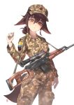  1girl absurdres animal_ears arabic_text arm_at_side artist_name brown_eyes brown_hair camouflage closed_mouth commentary cowboy_shot dated english_commentary expressionless fox_ears gun gun_sling hair_between_eyes hand_up hat head_tilt highres long_sleeves looking_at_viewer military_combat_uniform military_uniform oldchen2881 original psl_romak rifle scope short_hair simple_background sniper_rifle solo watermark weapon white_background 