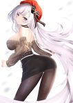  1girl aran_sweater ass azur_lane bangs bare_shoulders belfast_(azur_lane) belfast_(shopping_with_the_head_maid)_(azur_lane) beret black_skirt blush bow breasts brown_sweater choker hat hat_bow highres large_breasts long_hair long_sleeves looking_at_viewer off-shoulder_sweater off_shoulder purple_eyes red_headwear silver_hair skirt smile solo sweater yk_(pixiv43531291) 