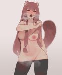  animal_humanoid blush breasts brown_body brown_fur brown_hair canid canid_humanoid canine canine_humanoid clothing female fur hair hi_res humanoid long_hair looking_at_viewer mammal mammal_humanoid nipples raphtalia red_eyes rizuto simple_background tanuki_humanoid the_rising_of_the_shield_hero 