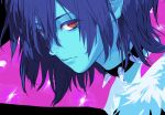  1other black_choker blue_hair blue_skin choker close-up colored_skin deltarune expressionless from_side highres kris_(dark_world)_(deltarune) kris_(deltarune) lantern_madoyoi looking_at_viewer other_focus pink_background portrait red_eyes short_hair solo spiked_choker spikes utdr_(toby_fox) 