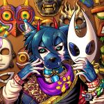 absurd_res anthro black_eyes blue_body blue_fur blue_snout canid canine canis cheek_tuft collar detailed detailed_background detailed_clothing detailed_fur digital_media_(artwork) ear_piercing ear_ring facial_tuft fangs fur game_freak gaming gem hi_res hollow_knight:_silksong hollow_knight_(franchise) horn hybrid hyena jaycemutt looking_at_viewer majora&#039;s_mask_(item) male mammal mask nintendo patterns patterns_on_fur pentagram_ear_ring piercing pokeball pokemon portrait red_palm ring_piercing sega solo sonic_the_hedgehog_(series) team_cherry teeth tokuri tuft ukrainian vyshyvanka white_body white_fur wolf