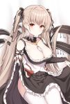  1girl absurdly_long_hair absurdres azur_lane black_bow black_dress blush bow breasts brown_eyes brown_hair cleavage closed_mouth collarbone dress dress_lift earrings formidable_(azur_lane) hair_bow highres jewelry large_breasts long_hair paaru smile solo thighhighs twintails very_long_hair white_legwear 