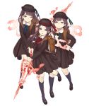 3girls backpack bag eyebrows_visible_through_hair full_body half-closed_eyes hat ji_no kneehighs long_hair looking_at_viewer mary_janes multiple_girls official_art one_eye_closed reality_arc_(sinoalice) ribbon school_uniform shoes sinoalice three_little_pigs_(sinoalice) transparent_background 