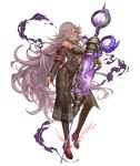  1girl blue_eyes breasts choker cinderella_(sinoalice) dark_skin full_body grin hair_over_one_eye high_heels ji_no large_breasts lavender_hair long_hair looking_at_viewer official_art sandals see-through sinoalice smile smoke solo syringe thighhighs transparent_background very_long_hair 