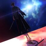  1boy 1other black_hair black_hakama blue_kimono dawn different_reflection dual_wielding fate/samurai_remnant fate_(series) from_behind full_body hakama highres holding japanese_clothes katana kimono long_sleeves miyamoto_iori_(fate) night night_sky reflection sandals sky sword sword_on_back topknot unsheathed uzura_(uzrtamago) waraji weapon weapon_on_back yamato_takeru_(fate) 