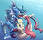  brown_eyes closed_mouth commentary_request creature eye_contact fangs frown full_body gen_1_pokemon gen_3_pokemon gyarados looking_at_another mijinko_(barabadge) milotic no_humans open_mouth pink_eyes pokemon pokemon_(creature) smile underwater water 