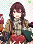  bangs blush box coat gift gift_box highres hood hood_down hooded_coat long_hair multiple_girls oekakizuki open_mouth original out_of_frame plaid plaid_scarf polka_dot purple_eyes purple_hair ribbon scarf sidelocks signature simple_background solo_focus sweat 