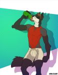  2019 5_fingers anthro beard black_body black_claws black_fur black_nose black_pawpads bottomwear brown_hair canid canine canis claws clothing drinking eyes_closed facial_hair fingers fur hair kihu male mammal multicolored_body multicolored_fur nex_anima_canis pawpads shirt shorts simple_background solo sportswear standing t-shirt tight_clothing topwear two_tone_body two_tone_fur white_body white_fur wolf 