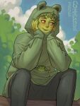  1girl animal_hood animal_print artist_name closed_mouth colored_skin commentary commission english_commentary feet_out_of_frame freckles frog frog_girl frog_hood frog_print green_hair green_hoodie green_skin grey_pants hands_on_own_face highres hood hood_up hoodie light_smile lips log looking_to_the_side m4rjinn nature nose original outdoors pants red_eyes short_hair sitting sitting_on_log sleeves_past_wrists solo 
