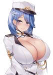  1girl azur_lane bangs blue_hair blush breasts chapayev_(azur_lane) cleavage cleavage_cutout closed_mouth commentary_request eyebrows_visible_through_hair hair_ornament hairclip hat high_collar huge_breasts jacket kuavera large_breasts medium_hair military_hat mole mole_on_breast peaked_cap purple_eyes smile white_headwear white_jacket 
