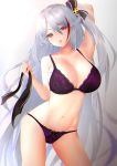  1girl :p antenna_hair arm_behind_head azur_lane bangs bare_shoulders blush bra breasts collarbone commentary_request contrapposto eyebrows_visible_through_hair hair_between_eyes head_tilt highres holding holding_ribbon iron_cross large_breasts lingerie long_hair looking_at_viewer mole mole_on_breast multicolored_hair navel one_side_up panties prinz_eugen_(azur_lane) purple_bra purple_panties red_hair ribbon silver_hair smile solo stomach streaked_hair thighs toned tongue tongue_out underwear underwear_only very_long_hair yk_(pixiv43531291) 