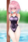  1girl absurdres ahoge black_swimsuit blue_hair breasts choya collarbone competition_swimsuit covered_navel cowboy_shot highres idolmaster idolmaster_cinderella_girls looking_down medium_breasts multicolored_hair one-piece_swimsuit pink_eyes pink_hair shiny shiny_clothes short_hair solo standing swimsuit thigh_gap two-tone_hair yumemi_riamu 