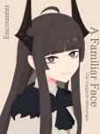  1girl absurdres ahoge arknights black_eyes black_hair black_horns blunt_bangs bright_pupils cloak dot_nose english_commentary english_text grey_background gribberoni highres horns long_hair looking_at_viewer mole mole_under_eye portrait simple_background smile solo split_mouth turtleneck virtuosa_(arknights) virtuosa_(gargoyle)_(arknights) white_cloak yellow_pupils 