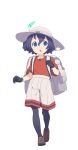  1girl :o absurdres backpack bag black_gloves black_hair blue_eyes brown_footwear chestnut_mouth clenched_hand eyebrows eyebrows_visible_through_hair feathers full_body gloves hair_between_eyes hat hat_feather helmet highres kaban_(kemono_friends) kemono_friends loafers looking_up nagisa_kurousagi open_mouth pantyhose pith_helmet red_shirt shirt shoes short_hair short_sleeves shorts simple_background solo sweat tareme walking white_background 