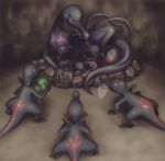  caterpie commentary_request creature egg eye_contact gen_1_pokemon gen_7_pokemon holding holding_pokemon looking_at_another mijinko_(barabadge) no_humans pokemon pokemon_(creature) purple_eyes rock salandit salazzle shadow standing 