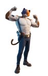  :3 abs absurd_res anthro belt_buckle biceps bottomwear calico_cat clothed clothing domestic_cat epic_games felid feline felis footwear fortnite gun handgun hi_res holster jeans looking_at_viewer male mammal meowscles_(fortnite) muscular muscular_male official_art pants pistol pose ranged_weapon shoes simple_background solo tattoo topless video_games weapon white_background 