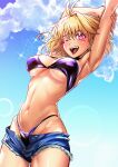  1girl absurdres arcueid_brunestud armpits arms_up bare_shoulders bikini blonde_hair blue_shorts blue_sky blush breasts cleavage fukou highleg highleg_bikini highres large_breasts looking_at_viewer navel one_eye_closed open_mouth purple_bikini red_eyes short_hair short_shorts shorts sky smile solo swimsuit tsukihime 