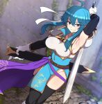  1girl absurdres ahoge arm_behind_head arm_up armor armpits belt blue_hair blue_tunic breastplate breasts collarbone commission commissioner_upload earrings elbow_gloves fire_emblem fire_emblem:_genealogy_of_the_holy_war gloves headband highleg highres hip_bones hiramine_akira holding holding_sword holding_weapon if_they_mated jewelry legs looking_at_viewer no_panties original pelvic_curtain popped_collar presenting_armpit purple_eyes rock sash selia_(mrtalkingdino) sheath shoulder_armor side_slit sidelocks skeb_commission skindentation smile solo standing sword thighhighs thighs tomboy tunic weapon white_headband 
