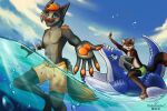 anthro bottomwear brown_body brown_bottomwear brown_clothing brown_fur brown_shorts canid canine clothing duo fluffy fluffy_tail fox fur green_bottomwear green_clothing green_shorts grey_body grey_fur hi_res inflatable_toy looking_at_viewer male mammal orange_pawpads pawpads paws shorts smile sunny swimming tail toy water xleb0rezka
