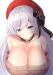 1girl absurdres aran_sweater azur_lane belfast_(azur_lane) belfast_(shopping_with_the_head_maid)_(azur_lane) beret blush bow breasts brown_sweater choker cleavage collarbone earrings hat hat_bow head_tilt highres hoop_earrings jewelry large_breasts long_hair looking_at_viewer off-shoulder_sweater off_shoulder purple_eyes red_headwear silver_hair simple_background smile solo sweater white_background yk_(pixiv43531291) 