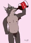  2020 anthro armpit_hair balls beverage body_hair canid canine canis clothed clothing cola digital_media_(artwork) drinking genitals hi_res kten929 male mammal penis pubes wolf yellow_sclera 