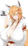  1girl absurdres aged_up alternate_breast_size_(larger) animal_ear_fluff animal_ears blush breasts cleavage english_text fox_ears fox_girl fox_tail hair_ornament hakama highres huge_breasts japanese_clothes kimono looking_at_viewer miko no_bra open_mouth orange_hair red_hakama ribbon-trimmed_sleeves ribbon_trim senko_(sewayaki_kitsune_no_senko-san) sewayaki_kitsune_no_senko-san simple_background smile solo speech_bubble tail txlyre white_background white_kimono yellow_eyes 