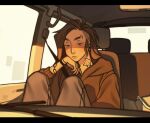  1girl asymmetrical_hair brown_eyes brown_hair brown_hoodie car_interior commentary english_commentary eyebrow_cut eyebrow_piercing face_piercing frown gluca highres hood hoodie letterboxed neck_tattoo original piercing seatbelt sidecut signature sitting solo tattoo undercut wristband 