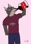  2020 anthro beverage bulge canid canine canis clothed clothing cola digital_media_(artwork) drinking hi_res kten929 male mammal wolf yellow_sclera 