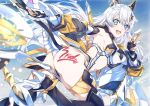 1girl :d absurdres ahoge armpits ass blue_eyes blue_sky breasts commentary_request copyright_name day elbow_gloves energy_wings fingerless_gloves flying gloves high_heels highres honkai_(series) honkai_impact_3rd kiana_kaslana kiana_kaslana_(knight_moonbeam) long_hair looking_at_viewer medium_breasts niko_(tama) open_mouth outdoors short_jumpsuit sideboob sidelocks silver_hair sky smile solo thighhighs very_long_hair 