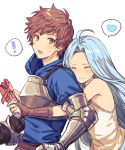  ! 1boy 1girl ahoge blue_hair blue_hoodie blush box_of_chocolates breastplate brown_eyes brown_hair closed_eyes dress gauntlets gran_(granblue_fantasy) granblue_fantasy heart hug hug_from_behind kingyo_114 lyria_(granblue_fantasy) open_mouth speech_bubble white_background white_dress 