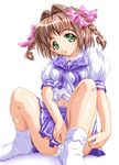  :o adjusting_clothes adjusting_legwear blue_skirt bow brown_hair expressionless green_eyes hair_bow hair_intakes kimi_ga_nozomu_eien no_shoes panties pantyshot pantyshot_(sitting) pleated_skirt puffy_sleeves school_uniform shiruko short_hair short_sleeves simple_background sitting skirt socks solo suzumiya_haruka underwear white_background white_panties 