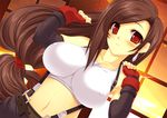  blush breasts brown_hair covered_nipples earrings final_fantasy final_fantasy_vii impossible_clothes impossible_shirt jewelry kinoshita_ichi large_breasts long_hair low-tied_long_hair midriff red_eyes shirt solo suspenders tifa_lockhart 