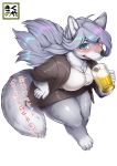  4_toes 5_fingers alcohol anthro asian_clothing barefoot beer beverage big_breasts blush bottomwear breasts canid canine canis cleavage clothed clothing countershading cute_fangs east_asian_clothing female fingers fluffy fluffy_tail fully_clothed fur grey_body grey_fur hair holding_glass holding_object japanese_clothing japanese_text kemono kikunoya long_hair looking_at_viewer mammal miniskirt multicolored_body multicolored_fur neck_tuft pose shirt skirt smile solo standing text thick_thighs toes topwear tuft two_tone_body two_tone_fur white_body white_countershading white_fur wolf yukata 