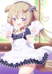  1girl :d animal_ears apron azur_lane bangs bell bell_choker black_choker black_dress blurry blurry_background blush brown_hair candy_hair_ornament candy_wrapper cat_day choker commentary_request crescent crescent_hair_ornament depth_of_field dog_ears dog_girl dog_tail dress eyebrows_visible_through_hair fang food_themed_hair_ornament frilled_apron frills gloves hair_between_eyes hair_ornament hairclip heart highres jingle_bell koko_ne_(user_fpm6842) long_hair looking_at_viewer maid maid_headdress nagatsuki_(azur_lane) nagatsuki_(dangerous_kitty_maid?)_(azur_lane) open_mouth paw_gloves paws puffy_short_sleeves puffy_sleeves purple_eyes short_sleeves side_ponytail skindentation smile solo tail thighhighs very_long_hair white_apron white_gloves white_legwear 