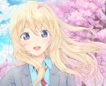  1girl blazer blonde_hair blue_eyes blue_shirt blue_sky cherry_blossoms cloud commentary eyebrows_behind_hair grey_jacket hair_between_eyes hair_blowing highres jacket kurenainoshi leaning_to_the_side long_hair looking_at_viewer loose_necktie miyazono_kawori necktie open_mouth outdoors petals red_neckwear school_uniform shigatsu_wa_kimi_no_uso shirt sky solo striped striped_neckwear tree upper_body upper_teeth very_long_hair wind 