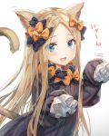  1girl abigail_williams_(fate/grand_order) animal_ears bangs black_bow black_dress blonde_hair blue_eyes blush bow breasts cat_day cat_ears cat_tail dress fate_(series) forehead hair_bow highres long_hair long_sleeves looking_at_viewer multiple_bows open_mouth orange_bow parted_bangs paw_pose polka_dot polka_dot_bow ribbed_dress simple_background sleeves_past_fingers sleeves_past_wrists small_breasts smile solo tail torino_akua white_background 