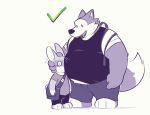  2020 anthro belly blush bottomwear canid canine canis clothing duo greenendorf hug humanoid_hands lagomorph leporid male mammal overweight overweight_male pants rabbit shirt simple_background topwear wolf 