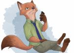  2019 anthro barefoot bottomwear brown_body brown_fur canid canine cellphone cheek_tuft clothed clothing disney facial_tuft fox fully_clothed fur half-closed_eyes hi_res holding_cellphone holding_object holding_phone mammal narrowed_eyes necktie nick_wilde pants phone piberius_w red_fox shirt sitting solo topwear tuft zootopia 