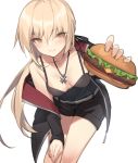  1girl artoria_pendragon_(all) bare_shoulders belt black_jacket black_shirt black_shorts blonde_hair breasts brown_eyes camisole commentary_request fate/grand_order fate_(series) food hamburger hand_on_own_thigh holding holding_food jacket jewelry leaning_forward long_hair looking_at_viewer medium_breasts necklace off_shoulder open_clothes open_jacket outstretched_arm saber_alter shirt short_shorts shorts sleeveless sleeveless_shirt smile solo standing thighs yura_(botyurara) 