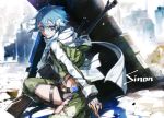  anti-materiel_rifle aqua_eyes aqua_hair blue_eyes blue_hair bolt_action bunbun fingerless_gloves gloves gun hair_ornament hairclip highres pgm_hecate_ii rifle scarf short_hair short_shorts shorts sinon sniper_rifle sniper_scope sword_art_online weapon 